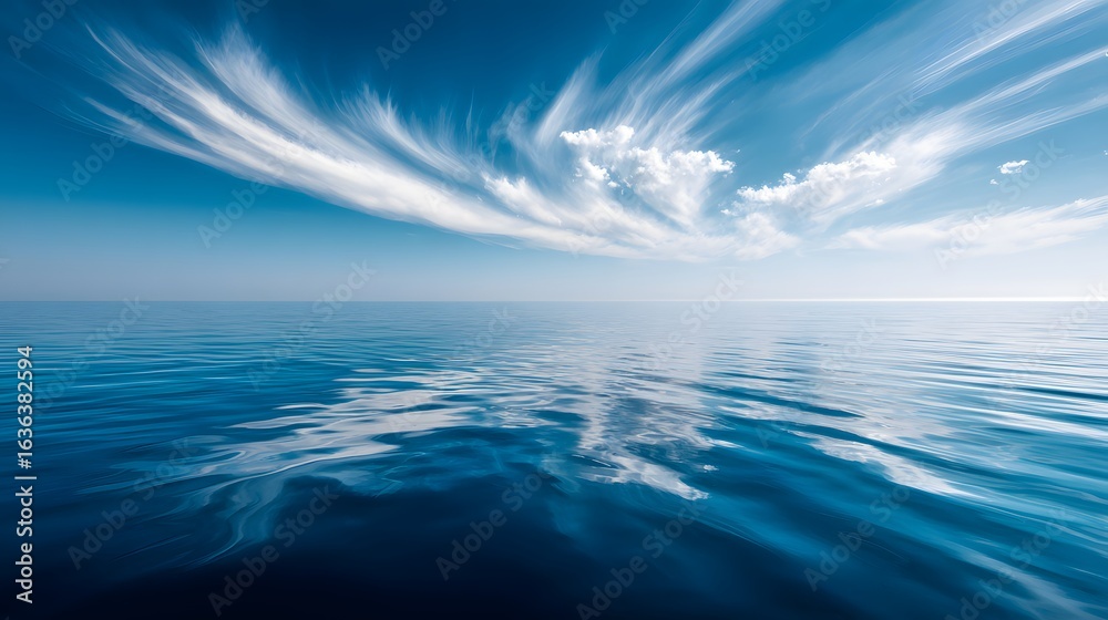 Obraz premium Serene expanse of a placid ocean beneath a vibrant sky.
