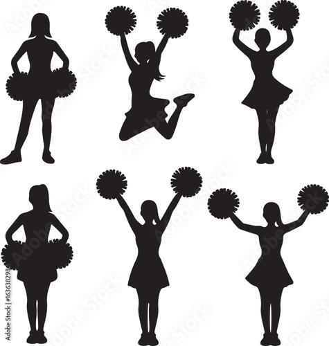 Six Silhouette Cheerleaders Posing with Pom Poms on White Background cheerleading sport