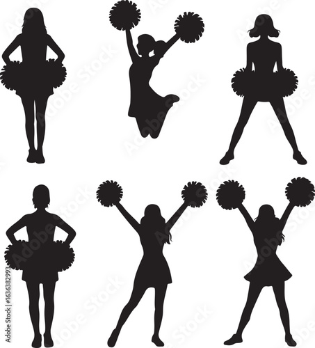 Six Silhouette Cheerleaders with Pom Poms and Skirts on White Background cheerleading sport