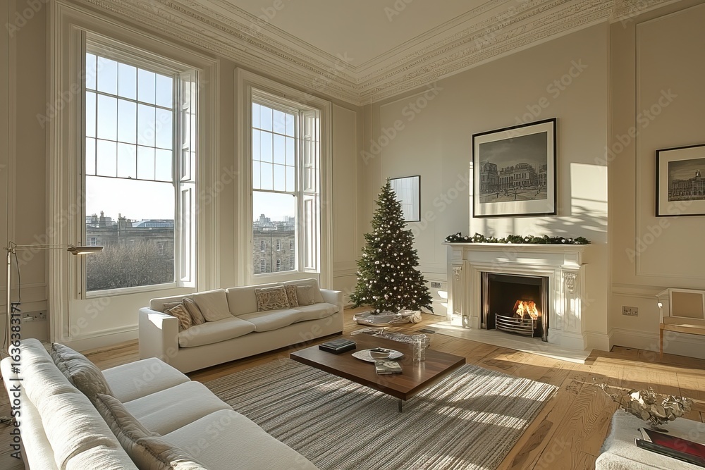 Fototapeta premium Elegant Living Room with Christmas Tree and City View