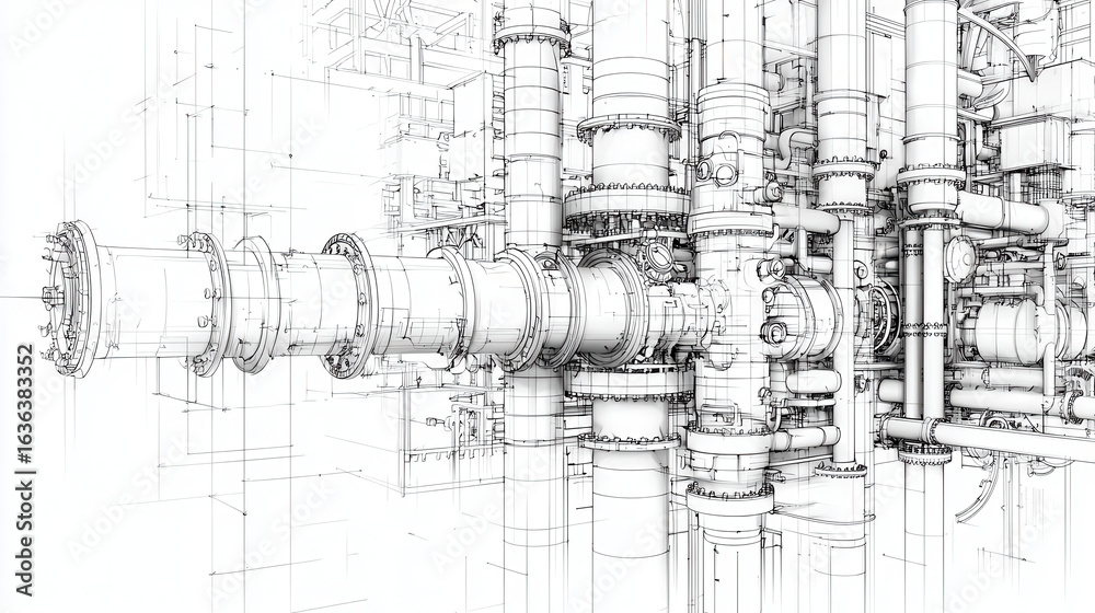 Obraz premium Detailed technical illustration of industrial piping and machinery, showcasing intricate designs and engineering precision. image conveys sense