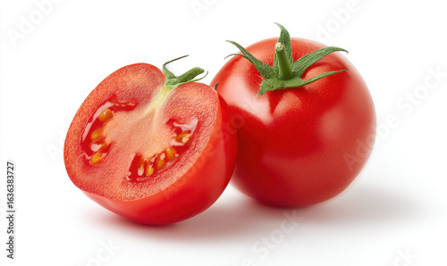 Two appetizing tomatoes on a white background