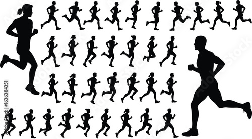 Silhouette of runners, jogging sequence, fitness poses, exercise movement, marathon training, sports action, health activity, athlete icons, editable vector, stock illustration