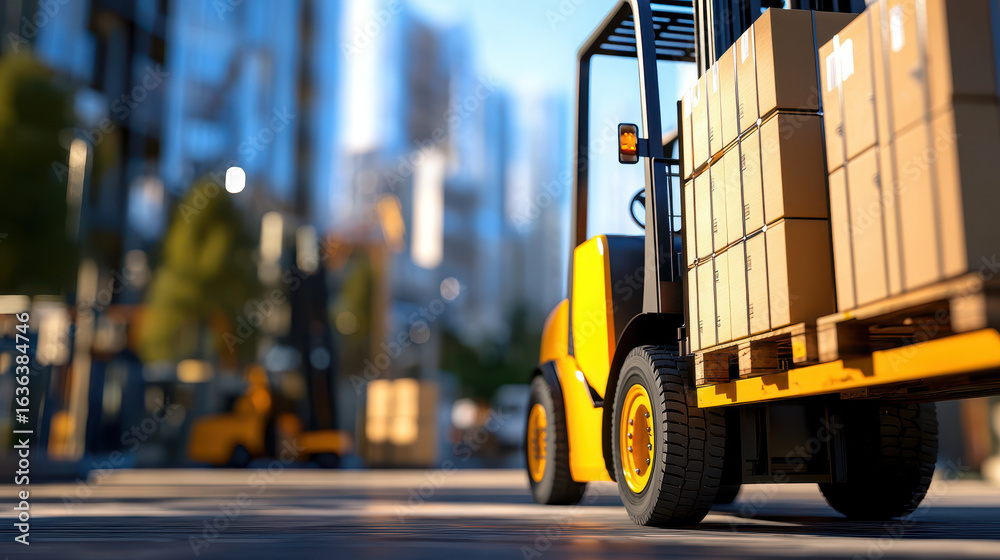 Naklejka premium Forklift transporting boxes in urban setting, showcasing efficiency and productivity in logistics