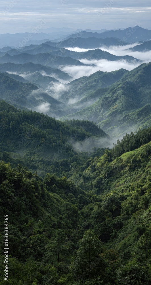 Fototapeta premium Misty mountain range, verdant valleys