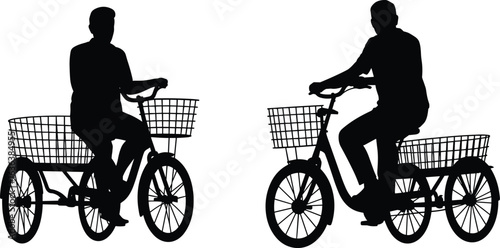 Silhouette of tricycle riders, urban transport scene, eco-friendly commuting, basket bike design, outdoor activity, black and white image, cycling silhouette, three-wheeler concept, sh