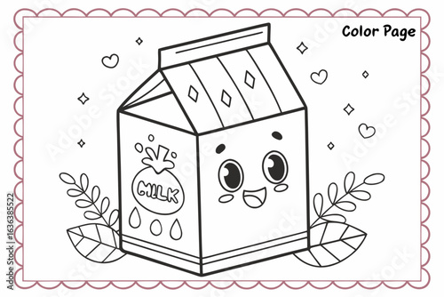 Coloring Pages, cute cartoon milk carton with happy face, colorless, uncolored, black and white for coloring book, coloring page, kids