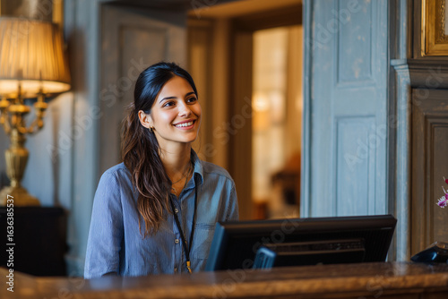 Portrait of receptionist in front of hotel, Selective focus smiling woman worker with formal suit on information counter.