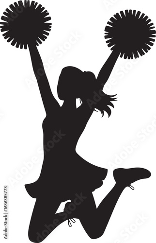 Silhouette of a Cheerleader Jumping with Pom Poms Raised High spirit