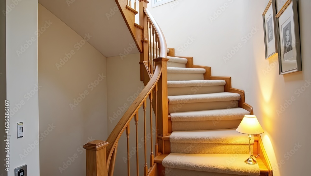 Obraz premium Spiral staircase with light cream carpeting and wooden banister.