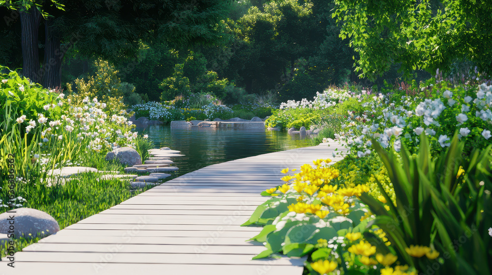 Obraz premium Serene garden pathway lined with vibrant flowers and lush greenery, leading to tranquil water body, evokes sense of peace and harmony