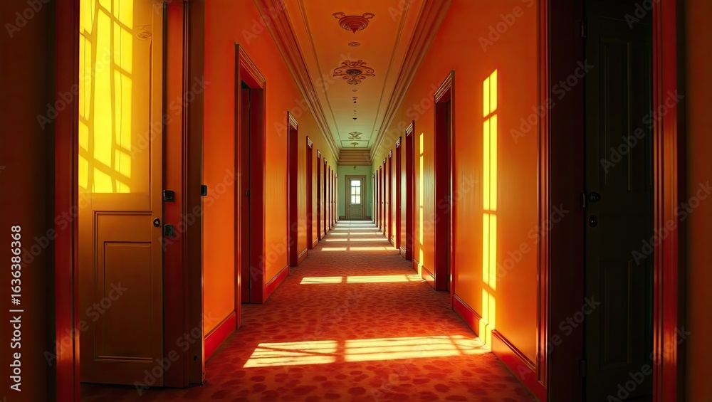 Fototapeta premium Sunlit hallway with many doors.