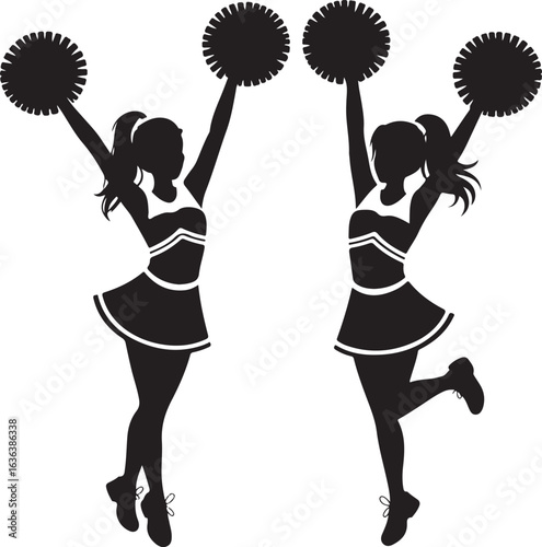 Two cheerleaders in silhouette jumping with pom poms cheerleading