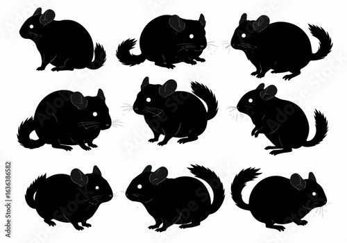 Collection of nine black chinchilla silhouettes in various poses, a set of minimalist rodent icons or illustrations on a white background.
