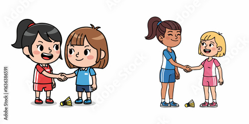 Cartoon Cheerful Badminton Player Shaking Hands Illustration in Friendship Concept
