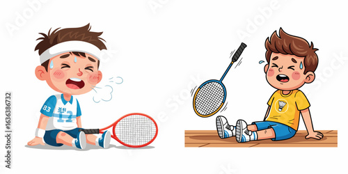 Cartoon Exhausted Little Boy After Playing Tennis and Badminton Illustration