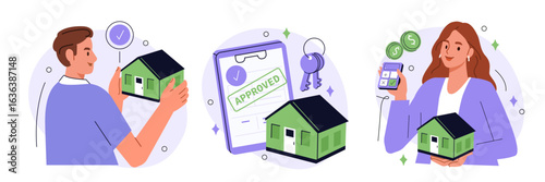 Characters buying home with mortgage, receiving loan approval from bank and house keys. Real estate investment concept. Vector illustration.