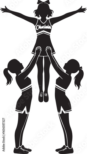 Cheerleading pyramid stunt silhouette with three girls in uniform cheerleader sport