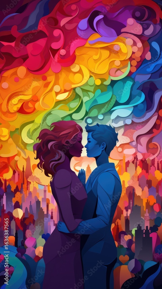 Colorful abstract illustration of a couple embracing, surrounded by vibrant swirling patterns and silhouettes of a city skyline, symbolizing love and connection in a lively atmosphere Colorful abstract illustration of a couple embracing, surrounded by vibrant swirling patterns and silhouettes of a city skyline, symbolizing love and connection in a lively atmosphere
