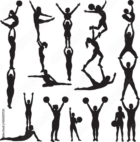 Diverse cheerleading team silhouettes performing stunts and holding pom poms cheerleader sport
