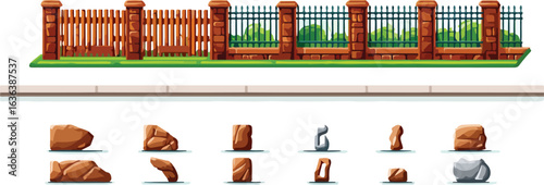 Cartoon brick fence wooden gate and rocks