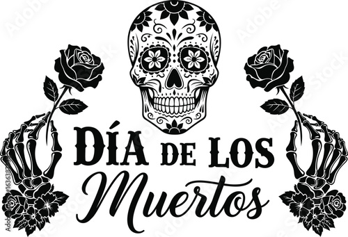 Dia de los Muertos skull rose vector illustration .