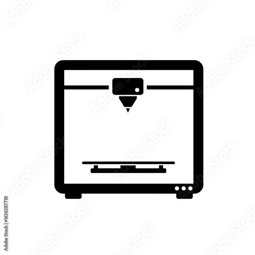 Illustration of a three d printer in black and white silhouette