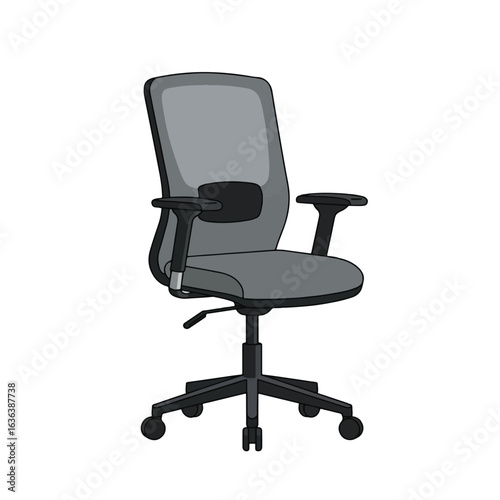 A gray office chair with armrests and a five-wheel base, isolated on white.