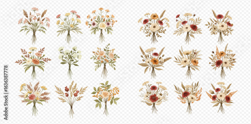 A collection of rustic and bohemian wedding bouquets with dried flowers and pampas grass.