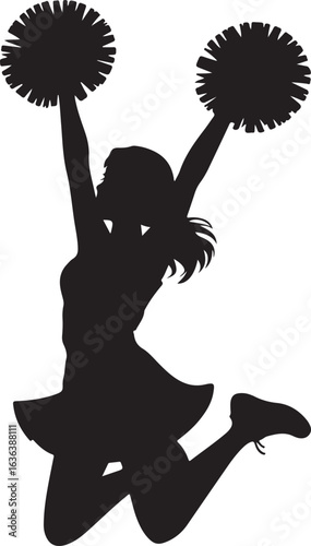 Silhouette of a cheerleader jumping with pom poms cheerleading