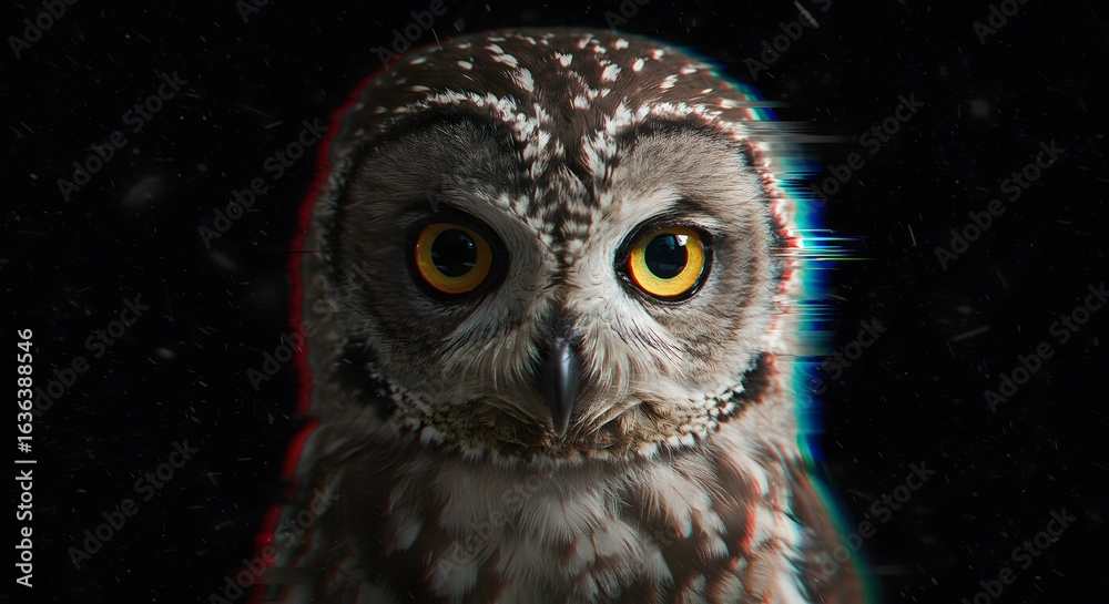 Obraz premium Owl Portrait with Glitch Effect on Dark Background, Wildlife Close-up on transparent background