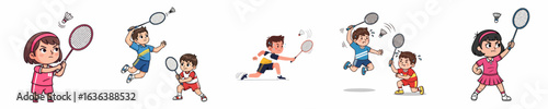Cartoon Handdrawn Style Illustration of Children Playing Badminton Sport Activity