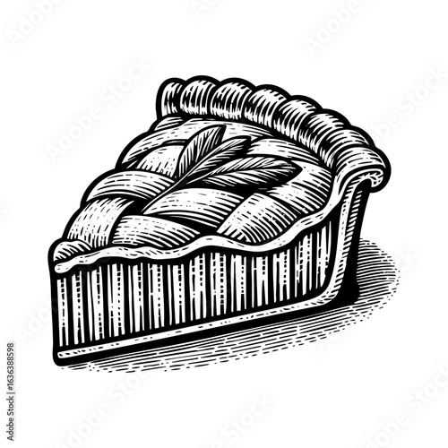 slice of apple pie sketch engraving generative ai fictional character raster illustration. Scratch board. Black and white