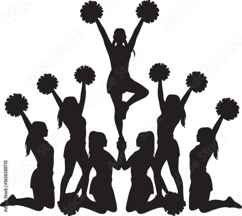 Cheerleaders in a pyramid formation with pom poms on white background Keywords: cheerleading