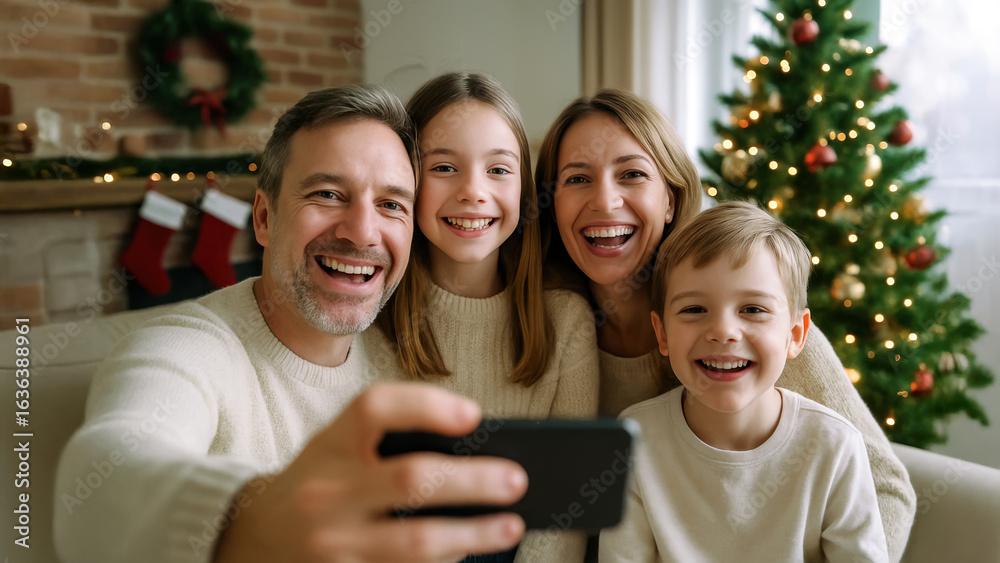 Obraz premium Christmas family selfie with parents and children in cozy living room near decorated tree. Joyful holiday moment at home.