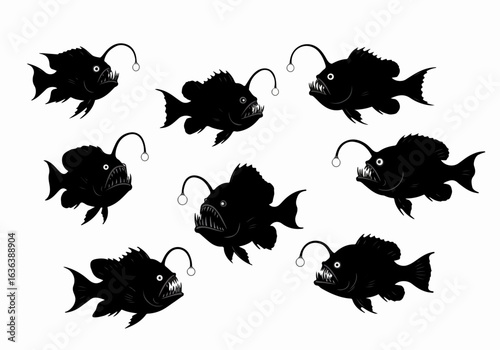 Pattern of Black Anglerfish Silhouettes with Luminous Lures on White Background