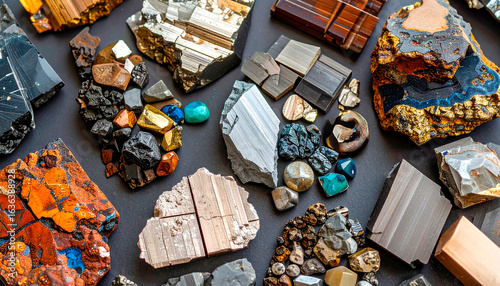 Close-up of various metal, rock, and mineral cut samples on a dark background, rare earth elements deal, highlighting their economic and technological significance