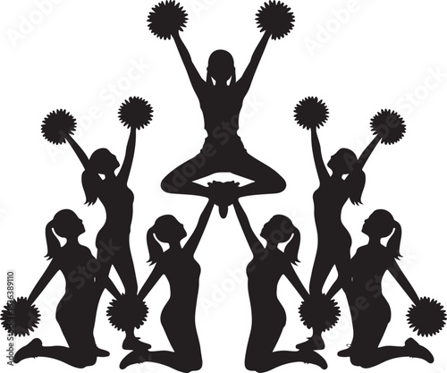 Cheerleaders in a dynamic pyramid formation with pom poms on white background Keywords: cheerleading