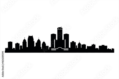 Black silhouette skyline of Detroit Michigan with prominent buildings and architecture city