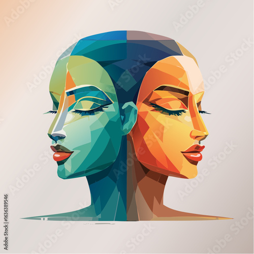 Abstract polygonal illustration of a woman with two contrasting faces, representing the duality of human emotions and personality.