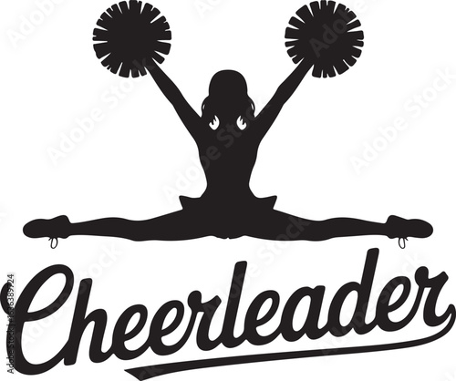Silhouette cheerleader performing split with pom poms and word cheerleader cheerleading