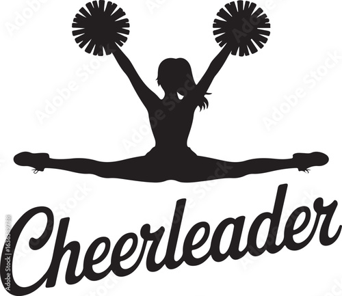 Silhouette cheerleader performing split with pom poms and word cheerleader cheerleading
