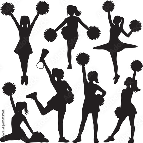 Cheerleader Silhouettes With Pom Poms And Megaphone On White Background cheerleading