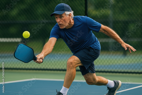 Elderly man playing pickleball on outdoor court wearing blue shirt and cap focused on hitting ball with paddle in active motion
