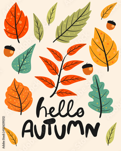 Hello autumn doodle card. Hand drawn floral fall poster. Isolated vector illustration.