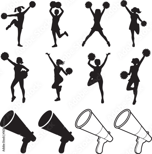 Cheerleader Silhouettes With Pom Poms And Megaphones On White Background cheerleading