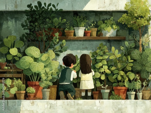 Two children exploring a lush indoor garden with various potted plants