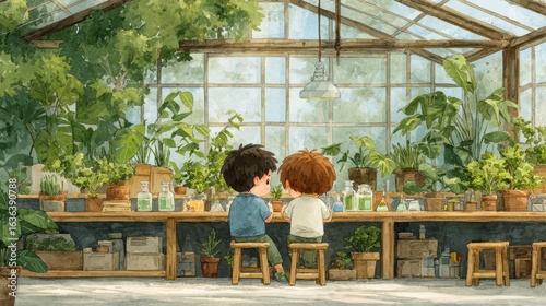 Two children sitting on stools inside a lush greenhouse, tending to plants