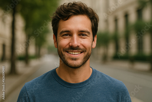 Smiling Young Caucasian Man in Urban Outdoor Setting with Natural Light