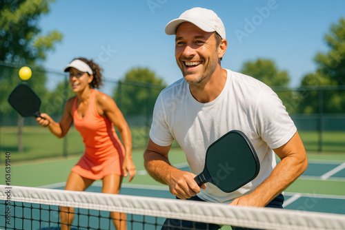 Happy man and woman playing pickleball on outdoor court with paddles and ball during sunny day